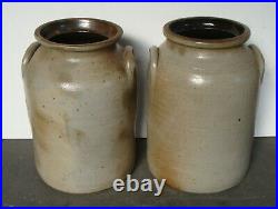 Rare matched pair 19th C cobalt decorated 2 gal saltglaze stoneware crocks