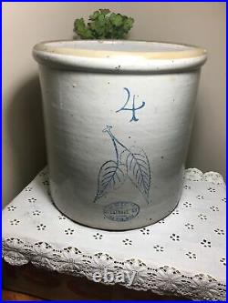 Red Wing Birch Leaf 4 Gallon Oval Union Crock Stoneware Pottery Blue Good Cond