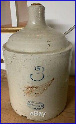 Red Wing Large Wing 3 Gallon Crock Jug Stoneware Pottery Vtg Antique Orgnl Cork