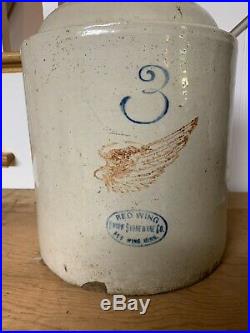 Red Wing Large Wing 3 Gallon Crock Jug Stoneware Pottery Vtg Antique Orgnl Cork