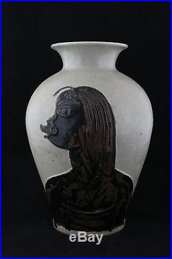 René Buthaud, large art deco celadon enamelled stoneware vase, two African woman