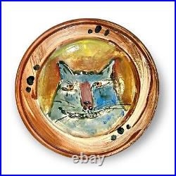 Ron Meyers 10.25 Crazy Blue Cat Shallow Bowl, Handmade Studio Art Pottery