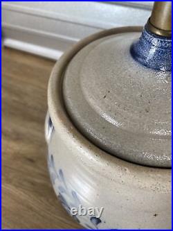 Rowe Pottery Works 1995 Salt Glaze 2 Gallon Blue Decorated Stoneware Lamp Fern