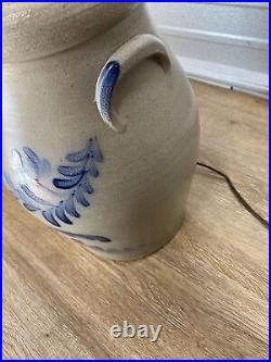 Rowe Pottery Works 1996 Salt Glaze 2 Gallon Blue Decorated Stoneware Lamp Fern