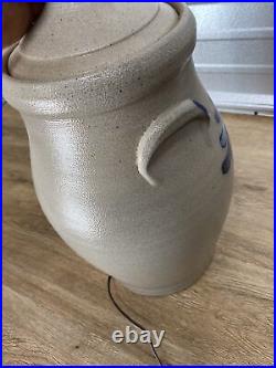 Rowe Pottery Works 1996 Salt Glaze 2 Gallon Blue Decorated Stoneware Lamp Fern