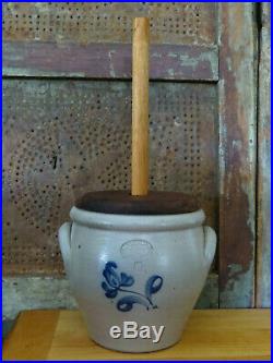 Salt Glaze Stoneware Rockdale Union Pottery Butter Churn Blue Heart & flowers