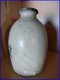 Salt Glazed Stoneware Jug Vase 1900s Antique Rare Green Leaf Painting Hand Made