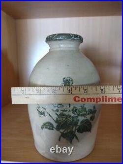 Salt Glazed Stoneware Jug Vase 1900s Antique Rare Green Leaf Painting Hand Made