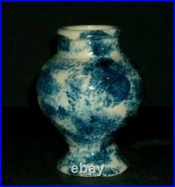 Short 4 Bulbous Blue & White Spongeware Stoneware Vase Pottery