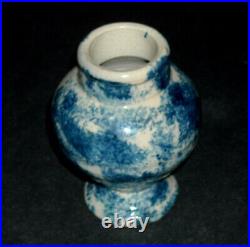 Short 4 Bulbous Blue & White Spongeware Stoneware Vase Pottery