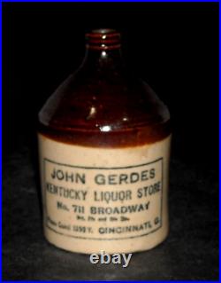 Small 4 1/8 Miniature Advertising Mini Jug JOHN GERDES CIncinnati, OH Stoneware