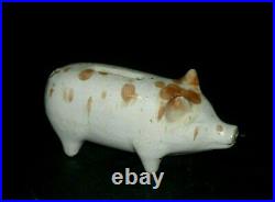 Small (4 3/4) Brown & White Stoneware Pig Bank Roseville Pottery Ohio Figural