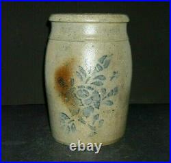 Small Blue Decorated Stenciled Rose/Rose Bud Stoneware Jar Salt Glaze OH/PA