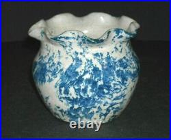 Small Miniature 3 1/8 Blue & White Spongeware Stoneware Planter Sponged