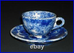 Small Miniature Blue & White Sponged Spatterware Cup & Saucer Spatter Stoneware