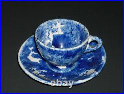 Small Miniature Blue & White Sponged Spatterware Cup & Saucer Spatter Stoneware