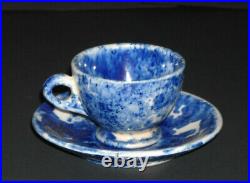 Small Miniature Blue & White Sponged Spatterware Cup & Saucer Spatter Stoneware