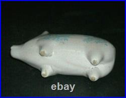 Small Miniature Blue & White Spongeware Pig Bank Roseville Ohio OH Stoneware