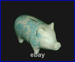 Small Miniature Blue & White Spongeware Pig Bank Roseville Ohio OH Stoneware