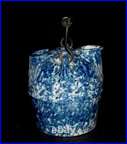 Small One Quart Blue & White Spongeware Grandmother's Maple Syrup Jug Stoneware