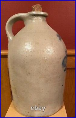 Somerset Potters Works 1 gal. Salt glaze stoneware jug Blue Cobalt Floral design