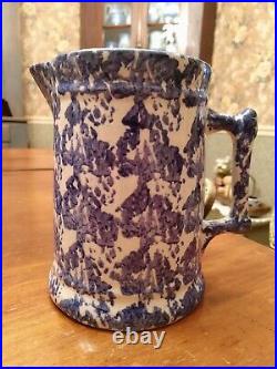 Spongeware MOUNTAIN PEAKS Blue & White Stoneware Pitcher Salt Glaze