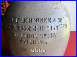 Stoneware Whiskey Crock Jug PF Schminke & Co Grocers & Ship Chandlers Baltimore
