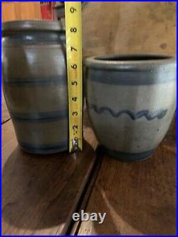 TWO Beautiful Cobalt Decorated Stoneware Canning Jars Crocks Great Condition