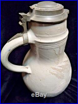 Tavern Pitcher Heavily Incised Stoneware 1 1/4 gal. Pewter Top Late 1700's-1810
