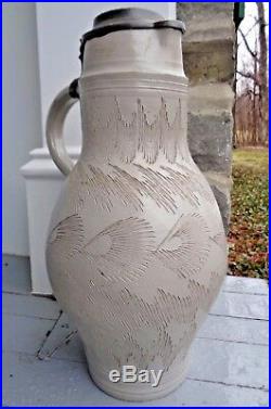 Tavern Pitcher Heavily Incised Stoneware 1 1/4 gal. Pewter Top Late 1700's-1810