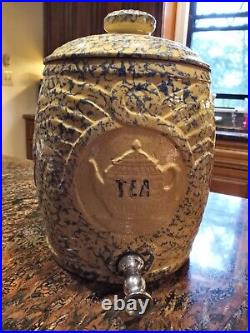 USA Vintage BLUE & YELLOW Spongeware Stoneware ICED TEA Cooler Dispenser w Lid