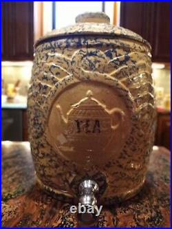 USA Vintage BLUE & YELLOW Spongeware Stoneware ICED TEA Cooler Dispenser w Lid
