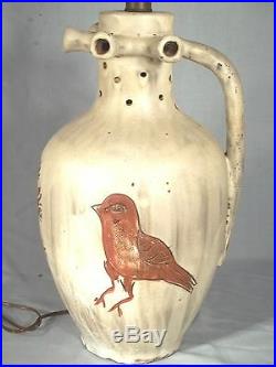 Unusual MID Century Art Pottery Stoneware Folk Art Lamp With 2 Large Birds