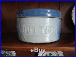 VERY NICE! Antique Gray & Blue Stoneware Butter Crock w Lid & Wood Handle