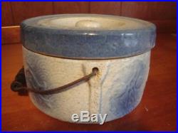 VERY NICE! Antique Gray & Blue Stoneware Butter Crock w Lid & Wood Handle