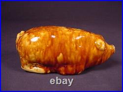VERY RARE ANTIQUE AMERICAN 1800s PIG FLASK ROCKINGHAM SPATTER GLAZE YELLOW WARE