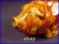VERY RARE ANTIQUE AMERICAN 1800s PIG FLASK ROCKINGHAM SPATTER GLAZE YELLOW WARE