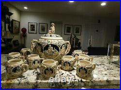 VINTAGE ANTIQUE Gerz German Rumtopf Castle Stoneware Punch Bowl Set (8 mugs)