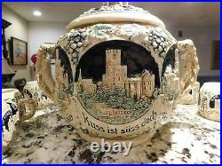VINTAGE ANTIQUE Gerz German Rumtopf Castle Stoneware Punch Bowl Set (8 mugs)