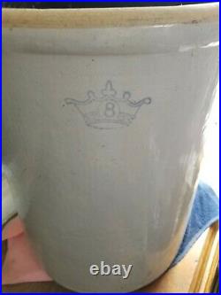 VTG 8 GALLON POTTERY STONEWARE CROCK Pot Lid Blue Crown USA Robinson Ransbottom