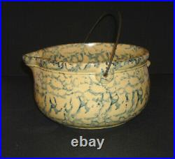 Vibrant Blue Sponged Yellow Ware Stew Pot Stoneware Spongeware (1895 1920)