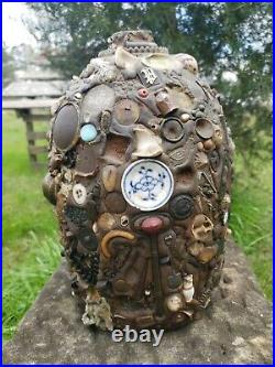 Victorian Era Memory Jug Spirit Jar Folk Art Stoneware Circa 1900 Gold Badges