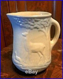 Vintage Antique Blue & White Country Stoneware / Pottery Pitcher With Deer
