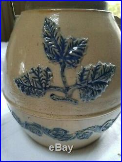 Vintage Antique Pottery Stoneware Batter Jug Crock with Cobalt Blue & Bail Handle