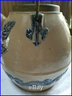 Vintage Antique Pottery Stoneware Batter Jug Crock with Cobalt Blue & Bail Handle