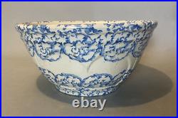 Vintage Antique Primitive Country Blue & White Stoneware Spongeware Mixing Bowl