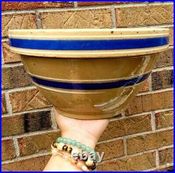 Vintage/Antique Stoneware Crock Mixing Bowl W Blue Strips And Ribbed