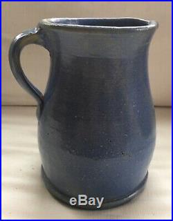 Vintage Cannelton, Indiana Clark Pottery Stoneware Blue 8 1/2 Tall Pitcher