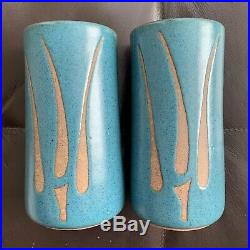 Vintage Gordon/Jane MARTZ Pottery Studio Stoneware Incised Blue Vases Pair Lamp