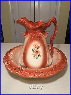Vintage IRONSTONE Stoneware/Pottery Floral Brown/Beige LARGE PITCHER & BASIN SET